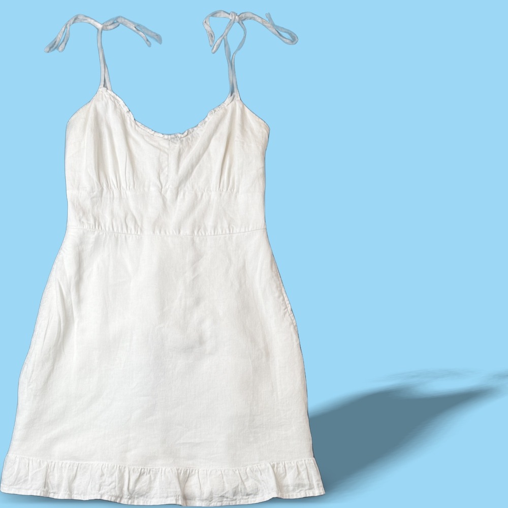 Abercrombie Fitch White Linen Blend Mini‎ Dress Smocked Sundress Tie Straps XS